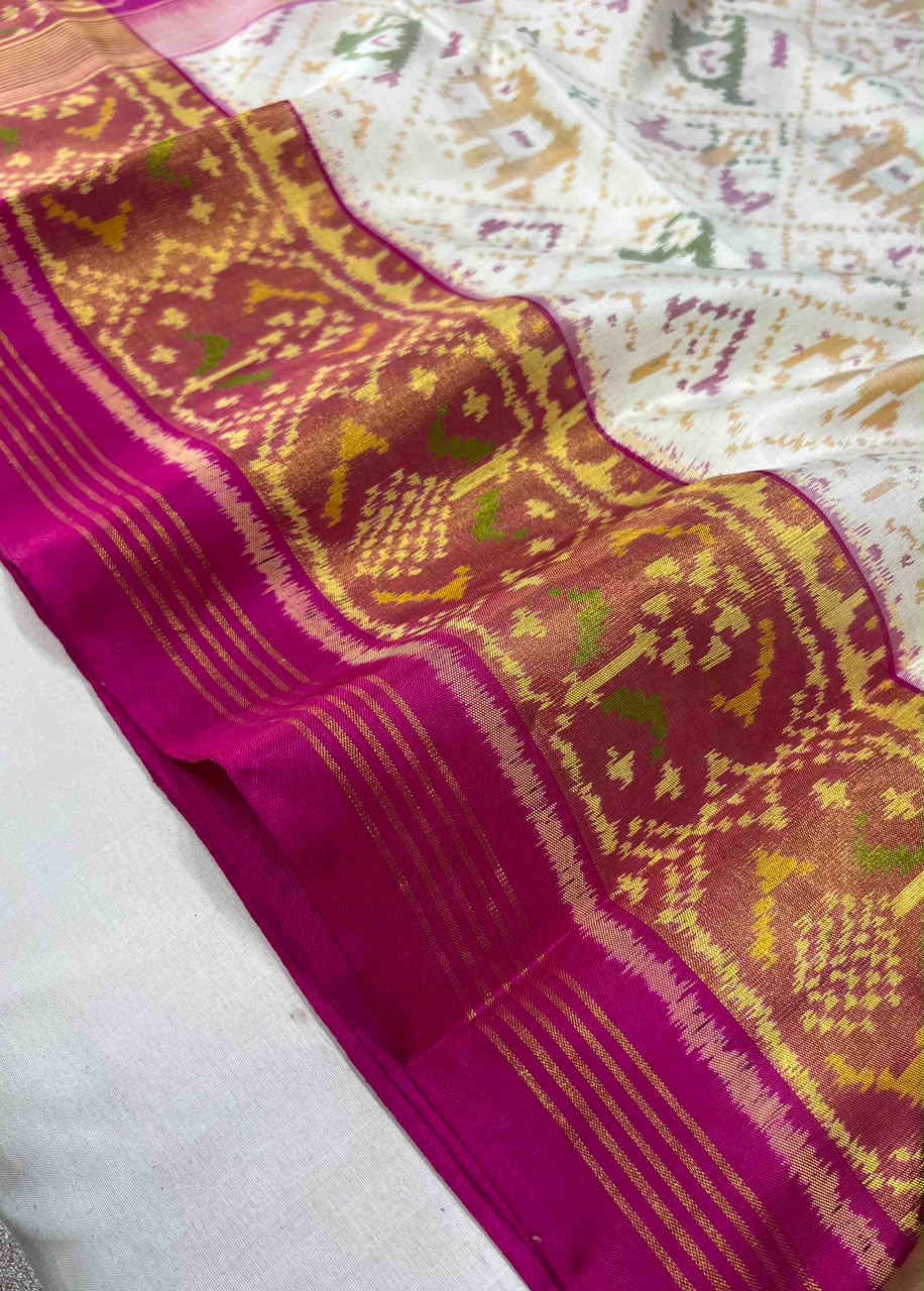 White & Pink Ikat Woven Patola Saree