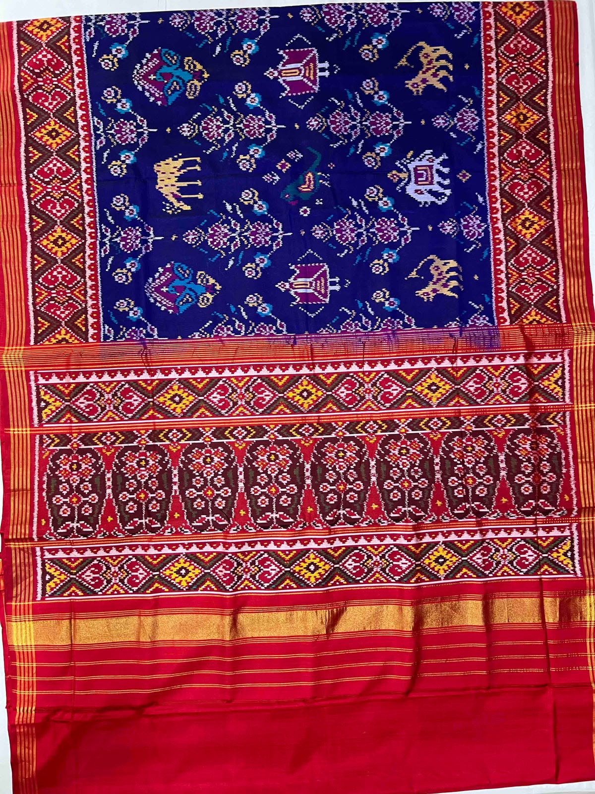 Blue & Red Ikat Patola Inspired Woven Saree