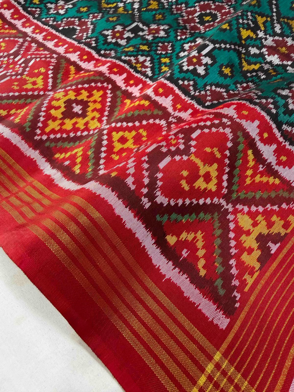 Teal Green & Red Ikat Patola Inspired Woven Saree