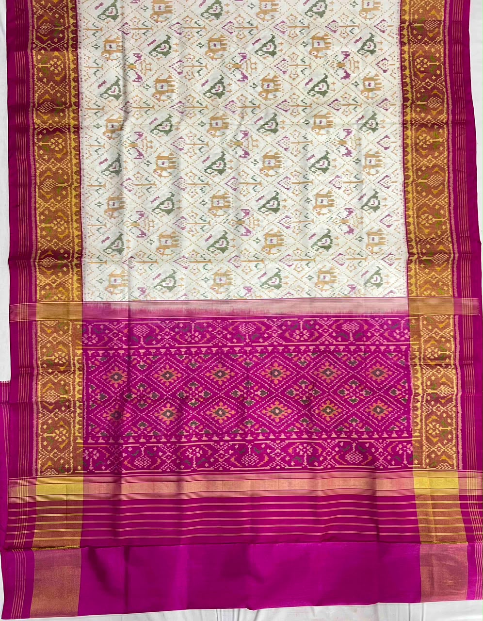 White & Pink Ikat Woven Patola Saree