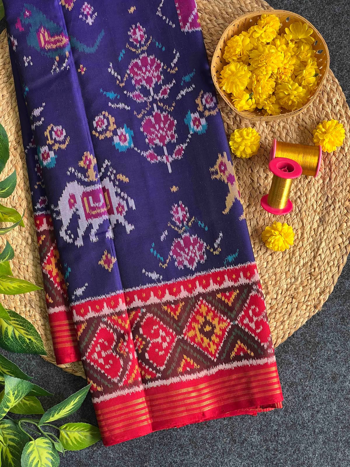 Blue & Red Ikat Patola Inspired Woven Saree