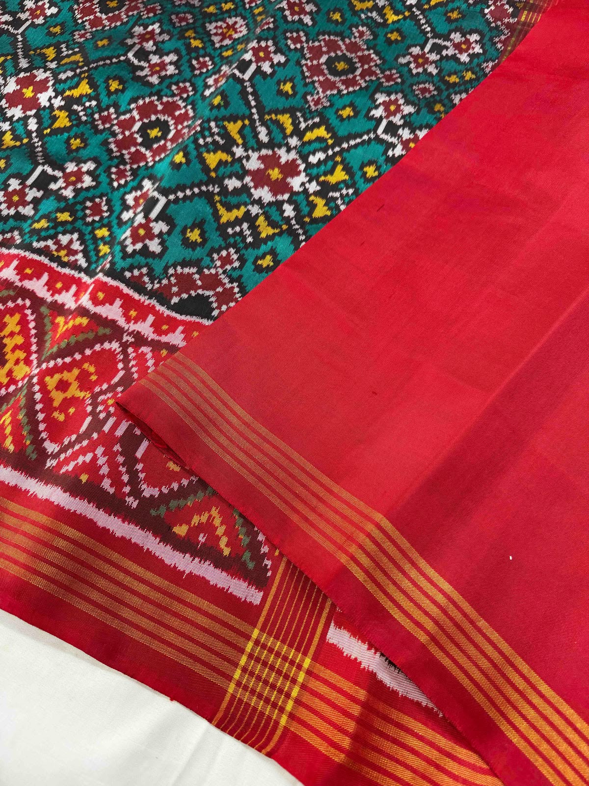 Teal Green & Red Ikat Patola Inspired Woven Saree