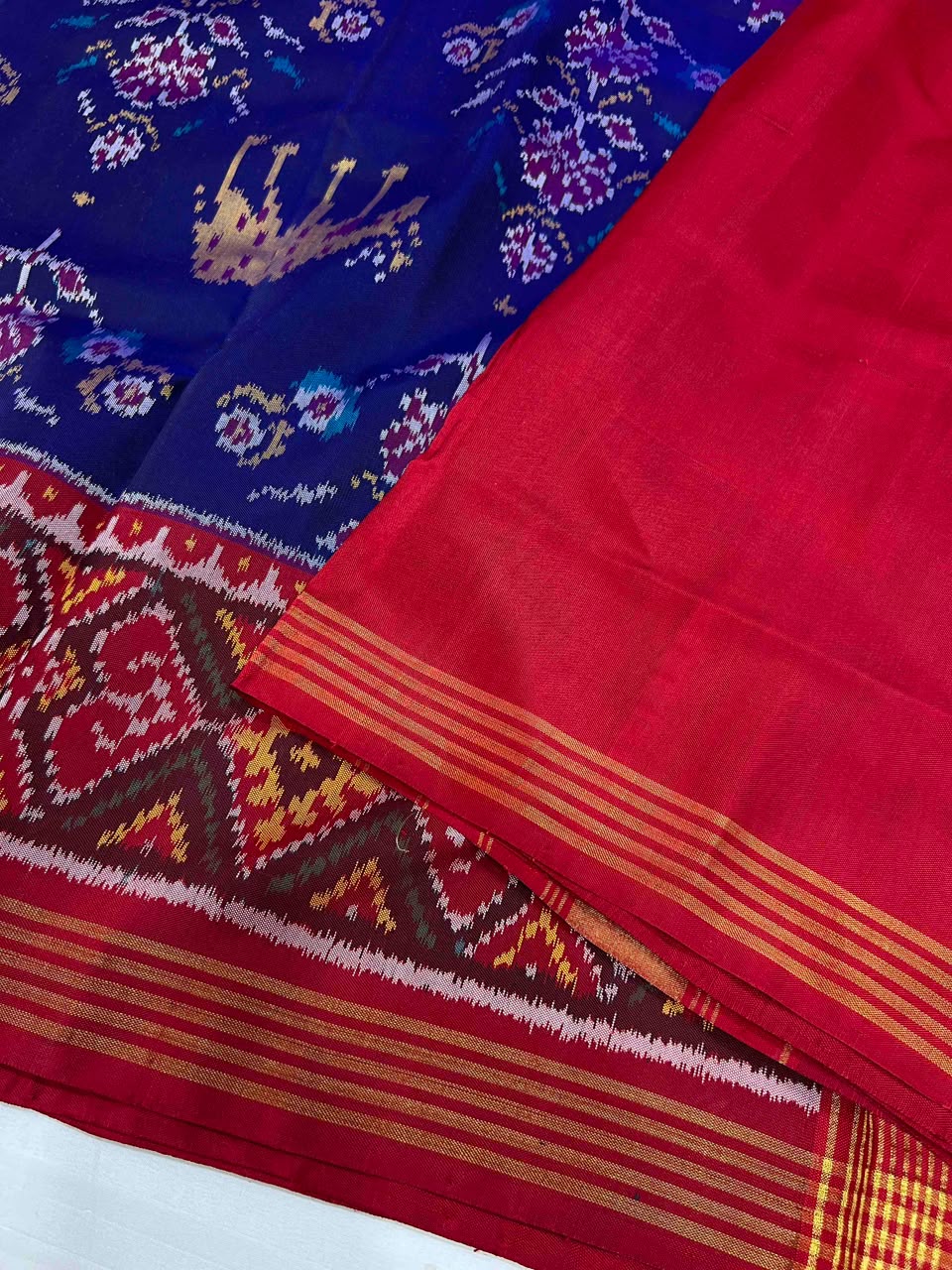 Blue & Red Ikat Patola Inspired Woven Saree