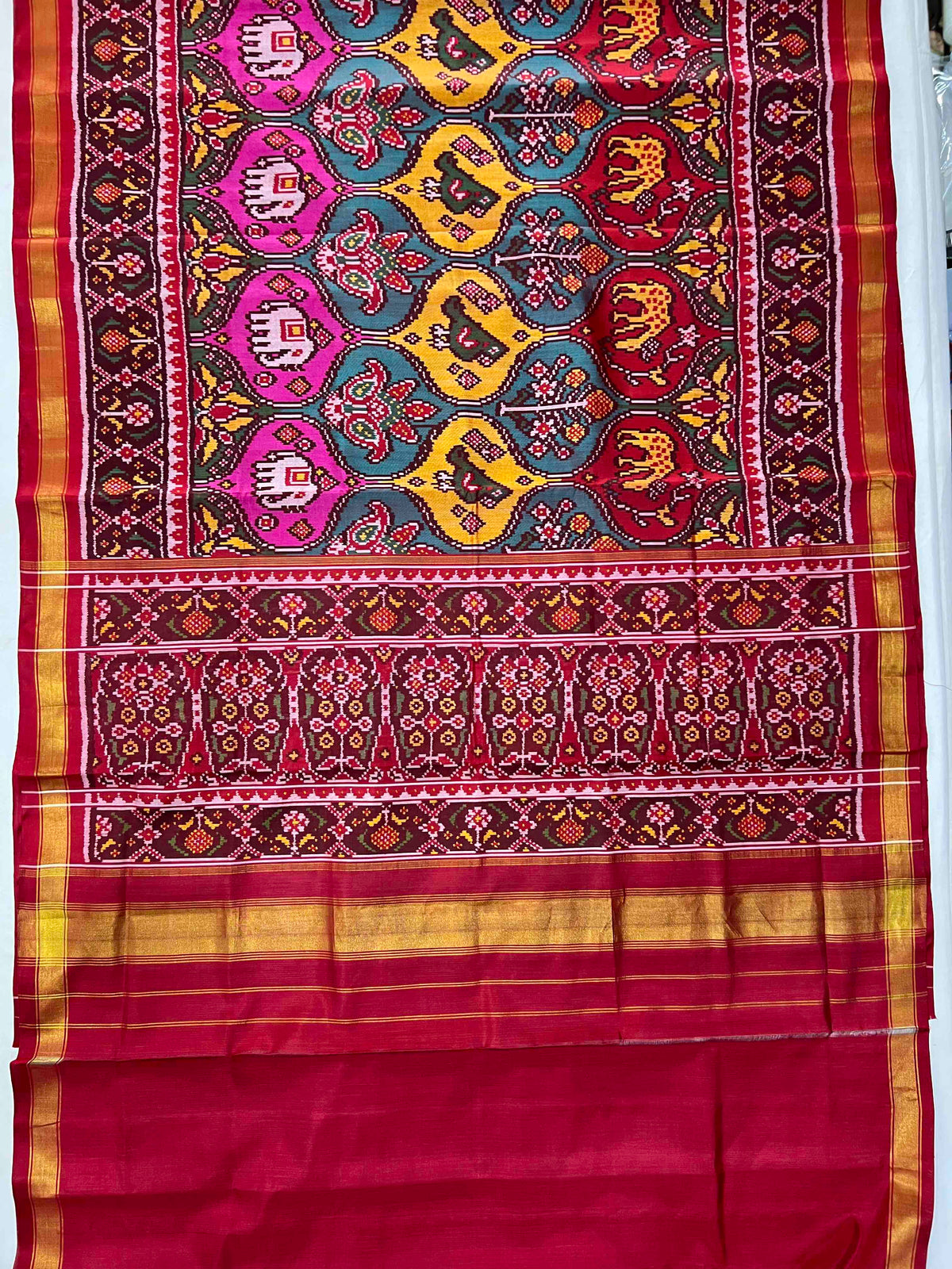 Multiple colours big motifs design with Red flowers bordar Pallu premium single ikkat Patola silk Saree