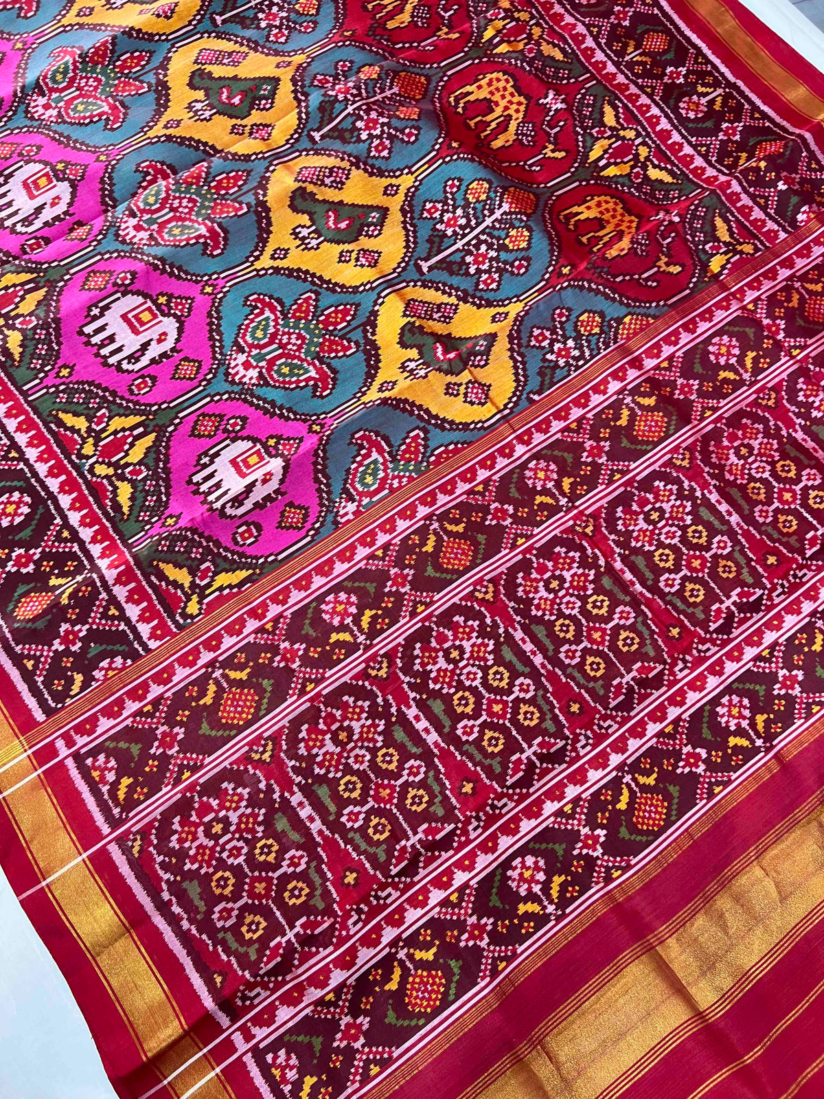 Multiple colours big motifs design with Red flowers bordar Pallu premium single ikkat Patola silk Saree