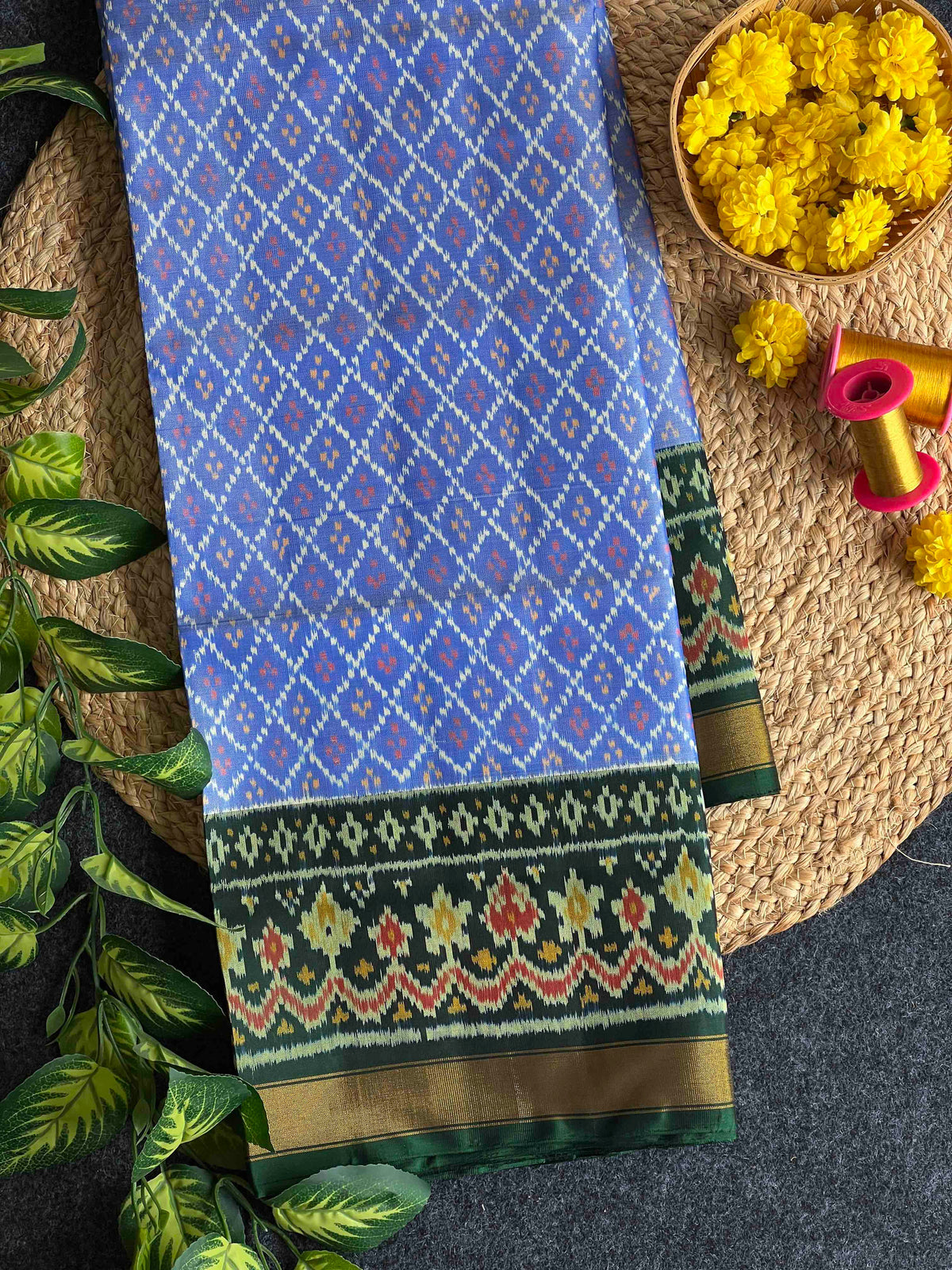 Sky Blue with Green daliya bhat design pure single ikkat Patola silk Saree