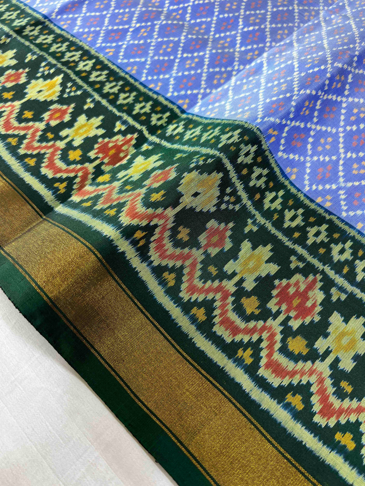 Sky Blue with Green daliya bhat design pure single ikkat Patola silk Saree
