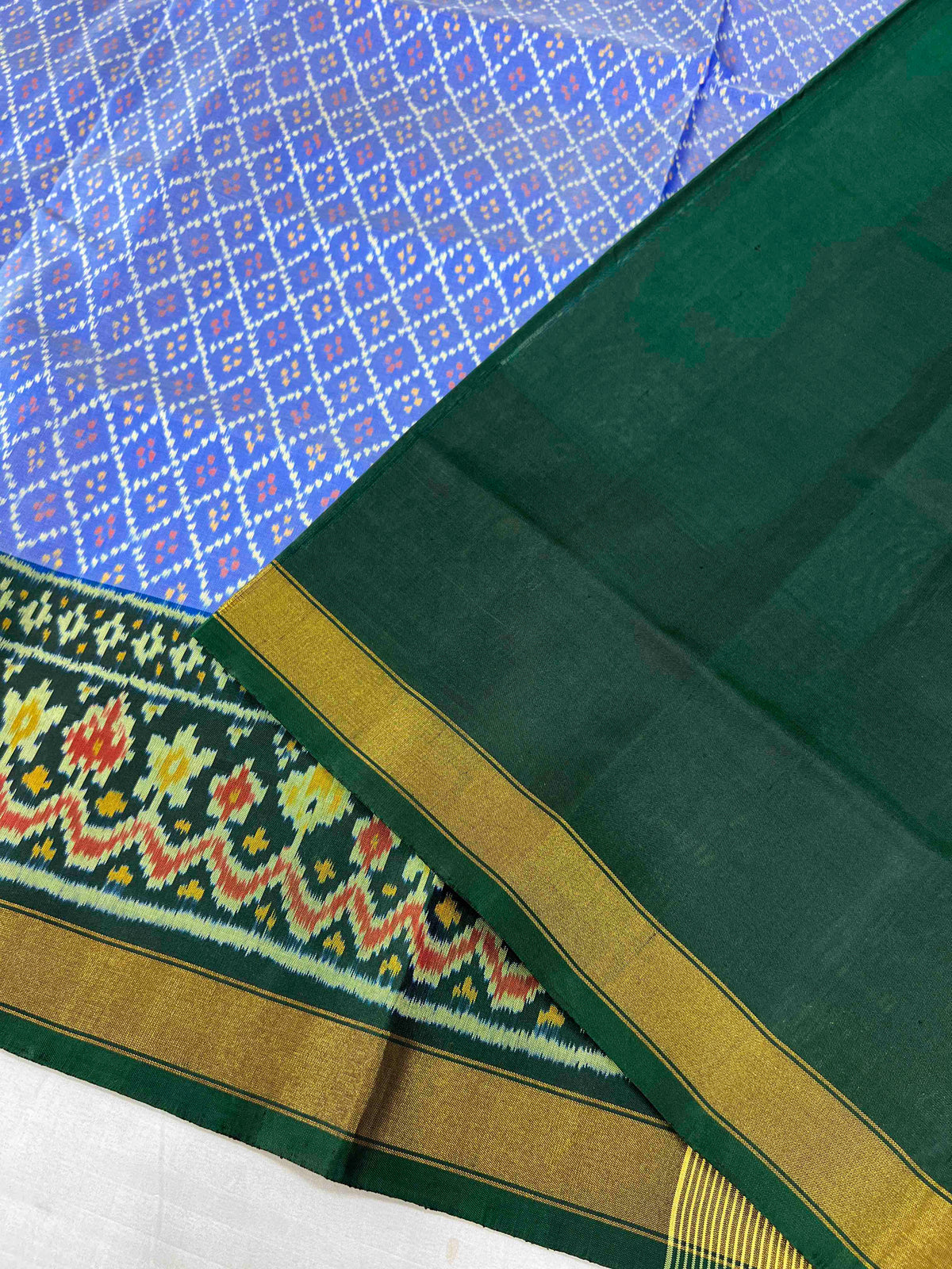 Sky Blue with Green daliya bhat design pure single ikkat Patola silk Saree