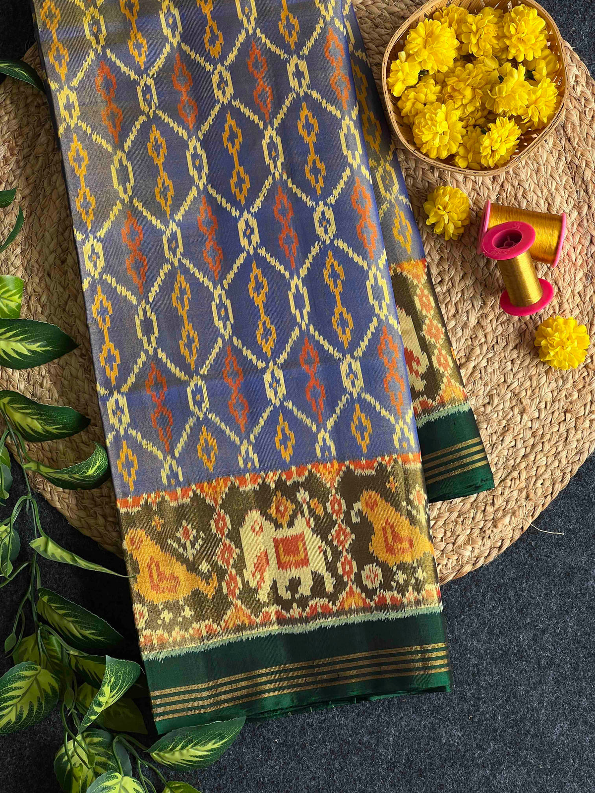 Sky blue sakli design with green hathi popat single ikkat Patola sarees