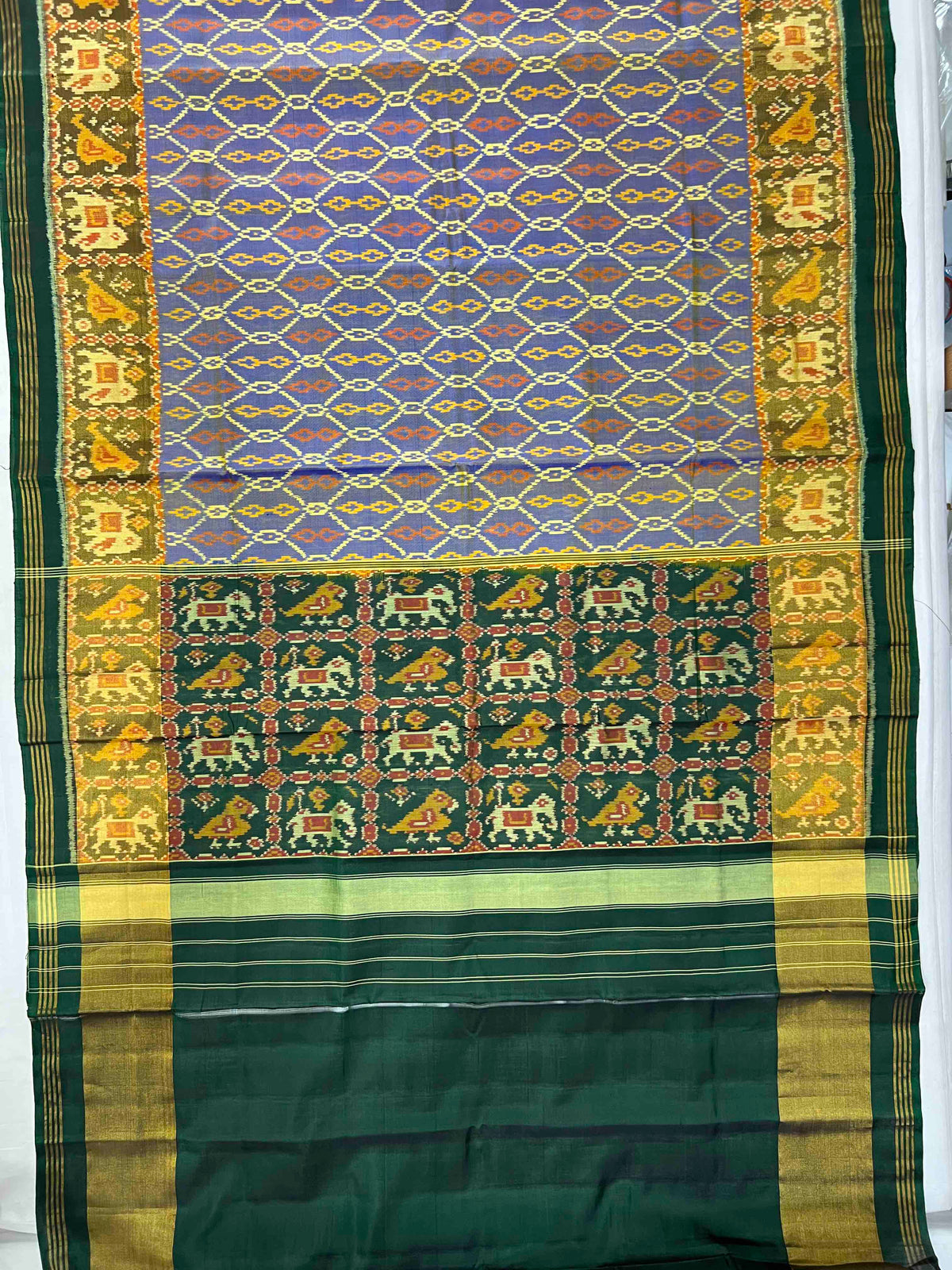 Sky blue sakli design with green hathi popat single ikkat Patola sarees