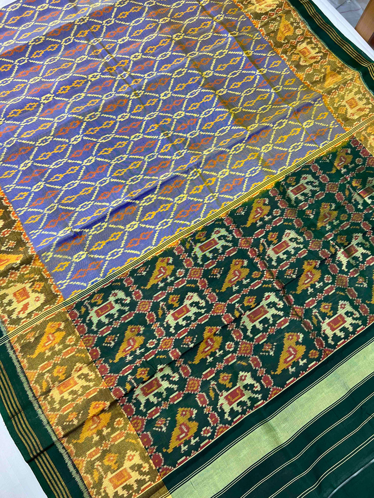 Sky blue sakli design with green hathi popat single ikkat Patola sarees