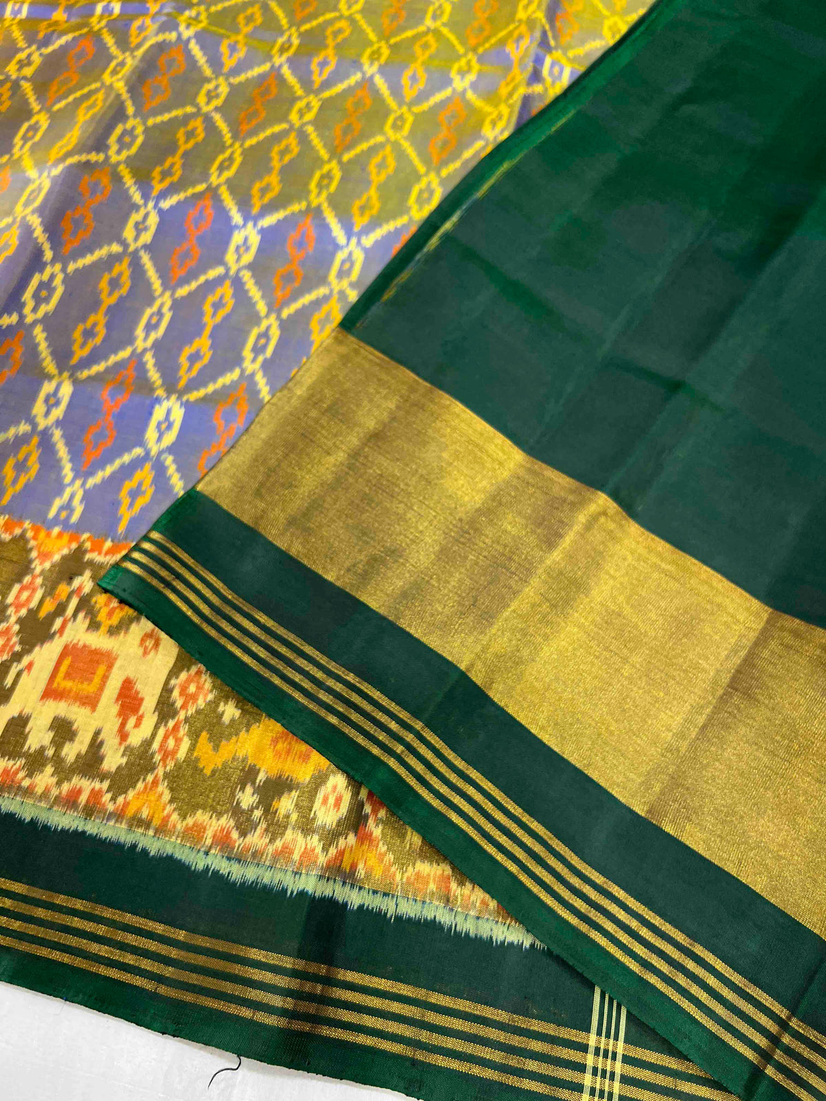 Sky blue sakli design with green hathi popat single ikkat Patola sarees
