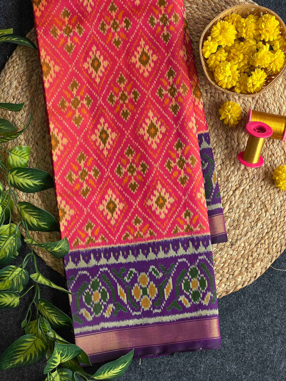 Peach panchnanda design with purple flowers Pallu single ikkat sarees