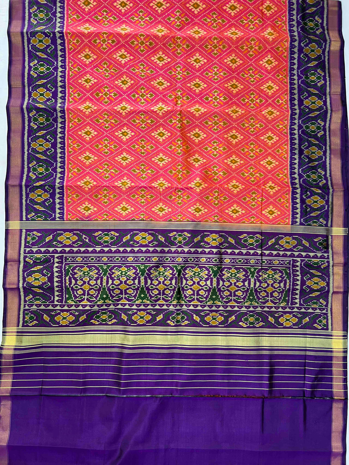 Peach panchnanda design with purple flowers Pallu single ikkat sarees