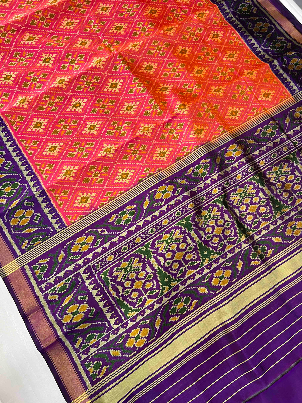 Peach panchnanda design with purple flowers Pallu single ikkat sarees