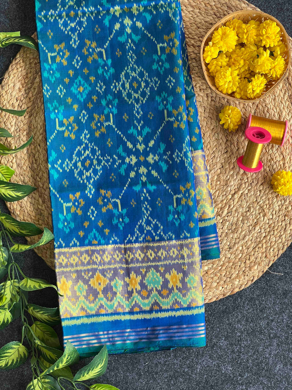 Beautiful Sky blue Navaratan design single ikkat Patola silk Saree