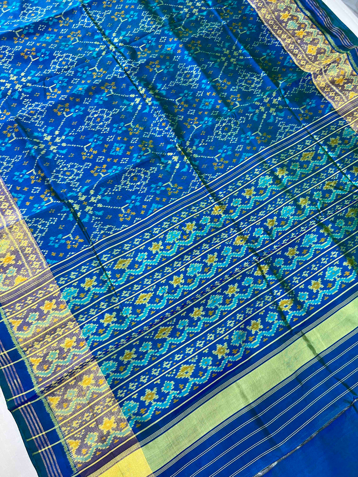 Beautiful Sky blue Navaratan design single ikkat Patola silk Saree