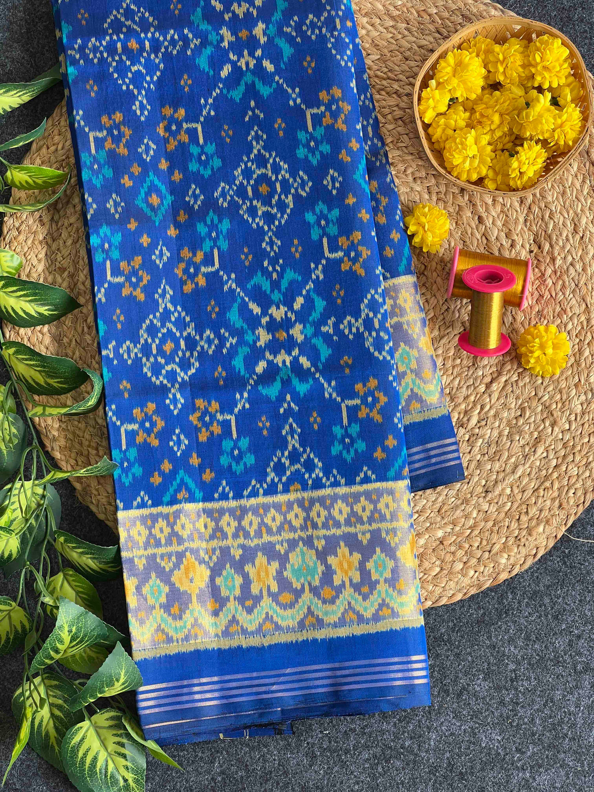 Blue Navratan design single ikkat Patola silk Saree