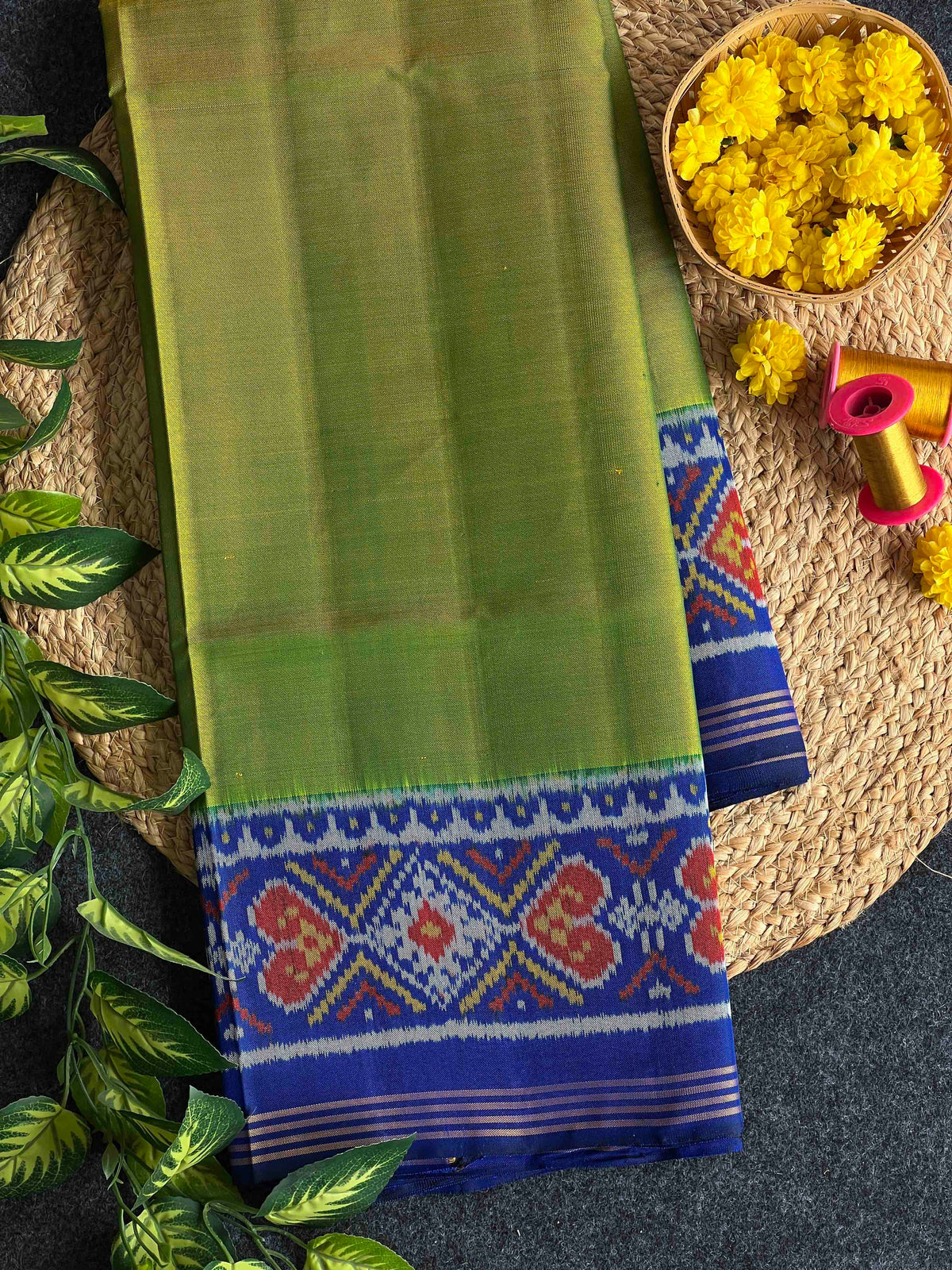 Light Green with blue Gala design Patola silk Saree