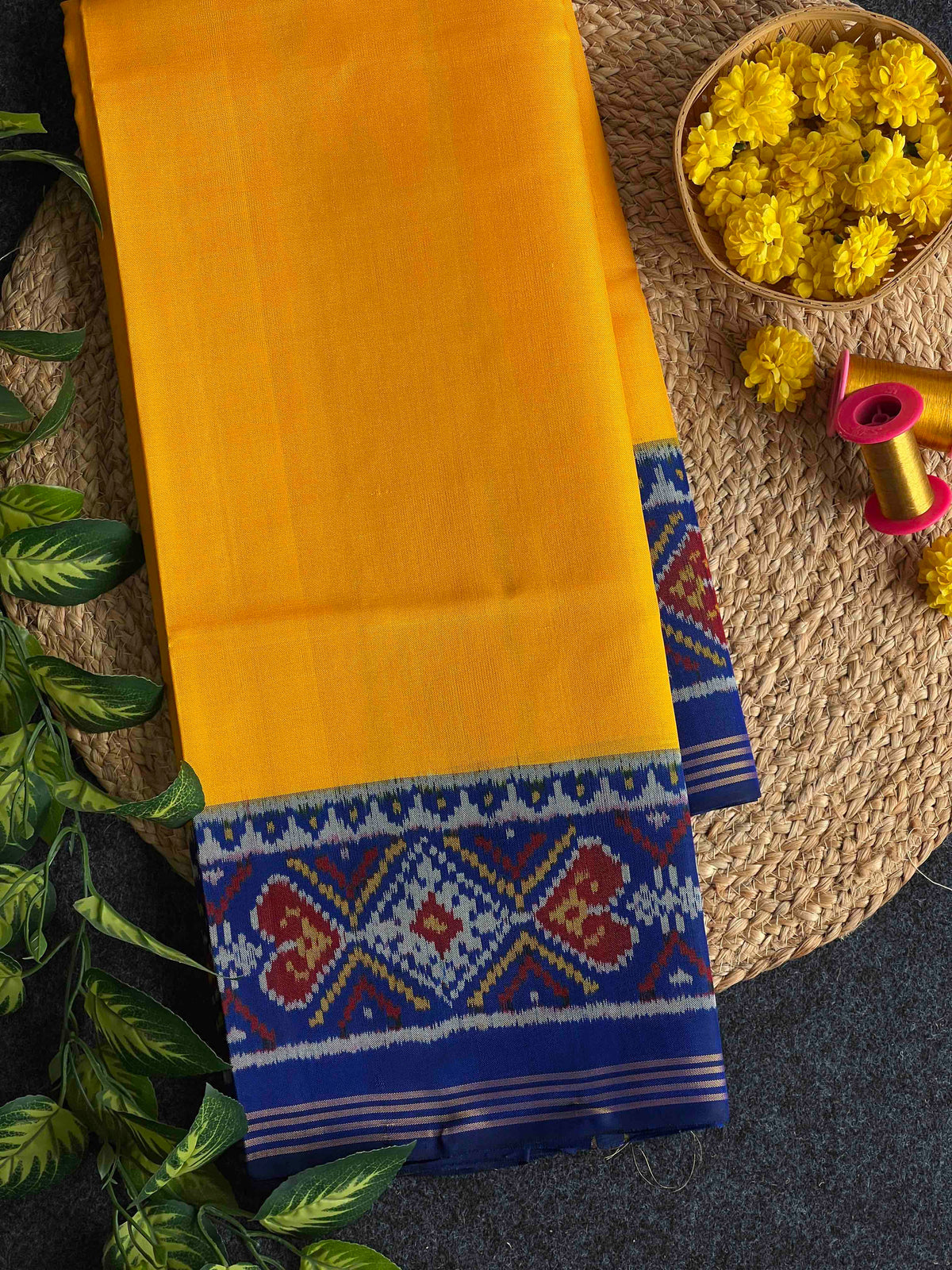 Beautiful yellow and blue singal ikkat silk patola saree
