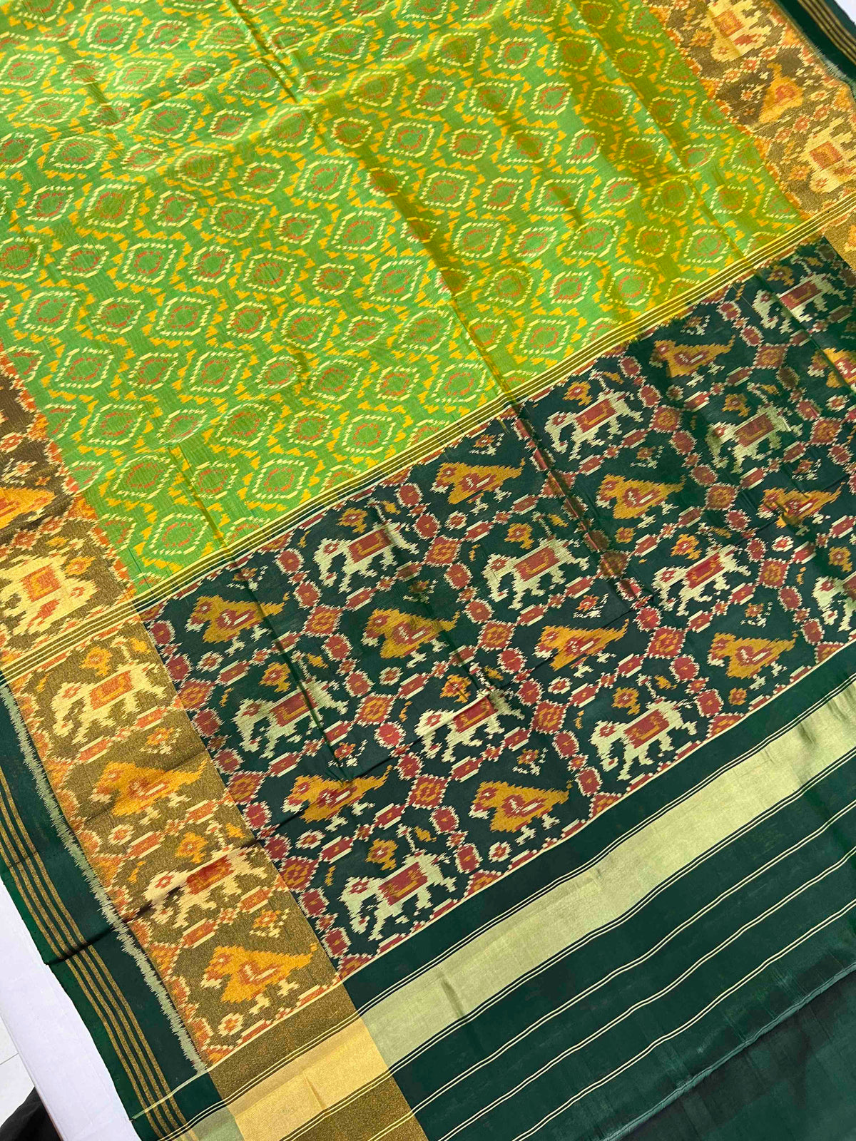 Light Green with dark Green daliya Bhat design single ikkat Patola silk Saree