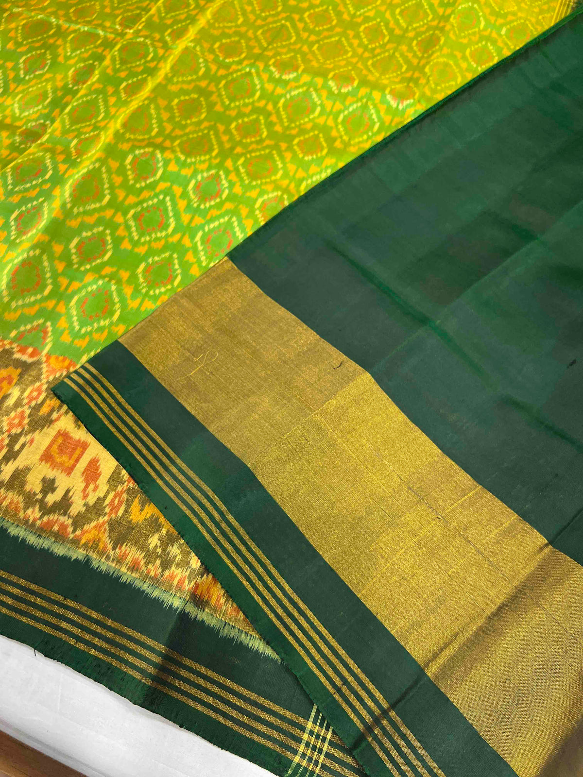 Light Green with dark Green daliya Bhat design single ikkat Patola silk Saree