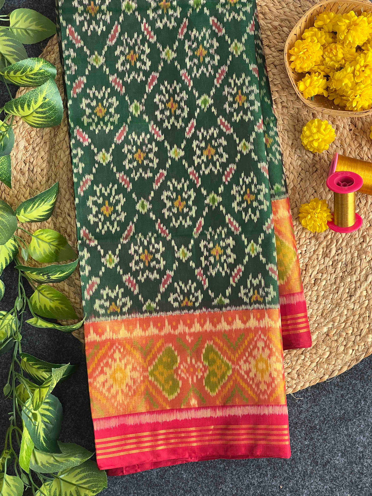 Green panchnanda design with Red flowers Pallu single ikkat Patola silk Saree