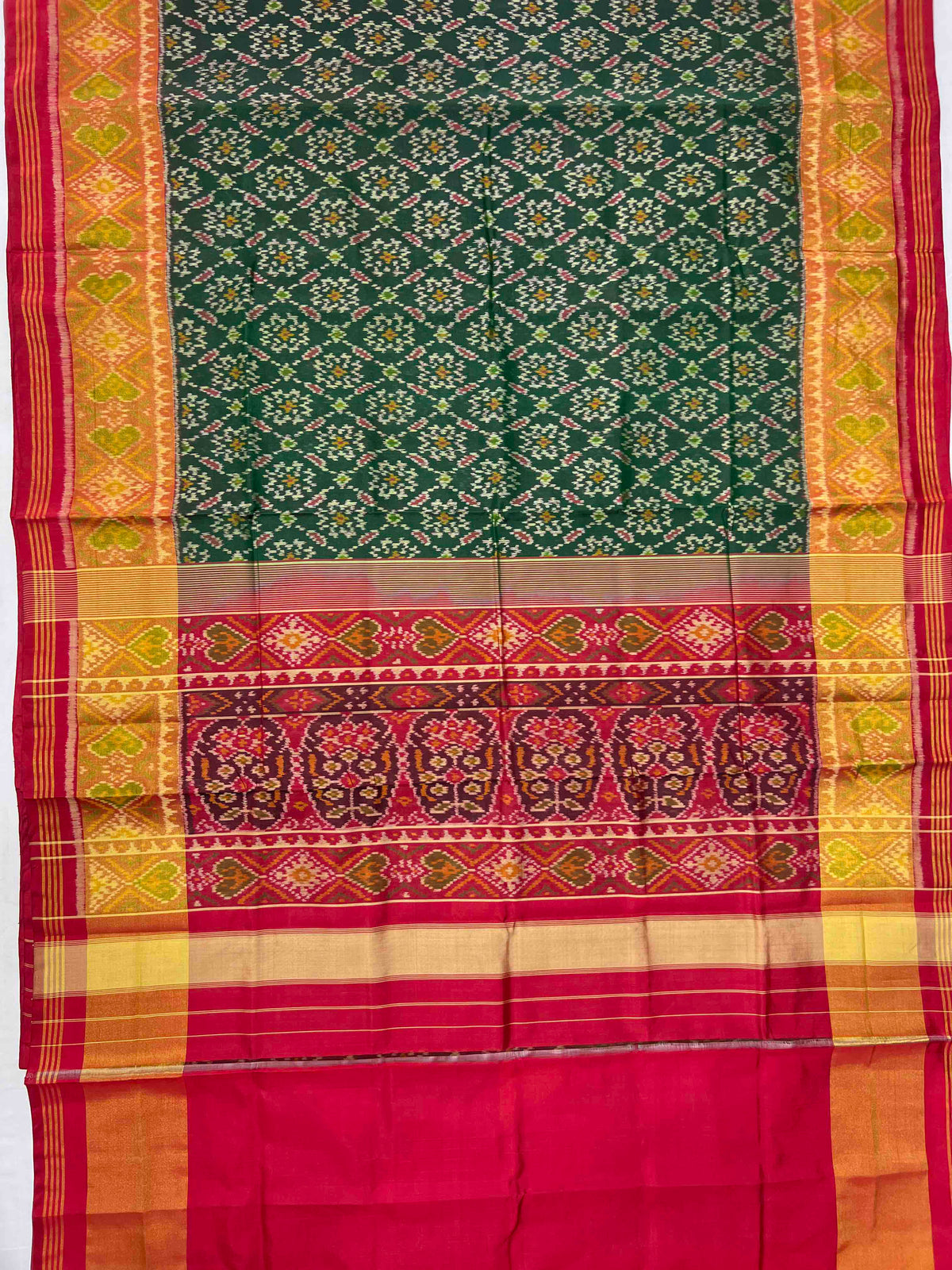 Green panchnanda design with Red flowers Pallu single ikkat Patola silk Saree