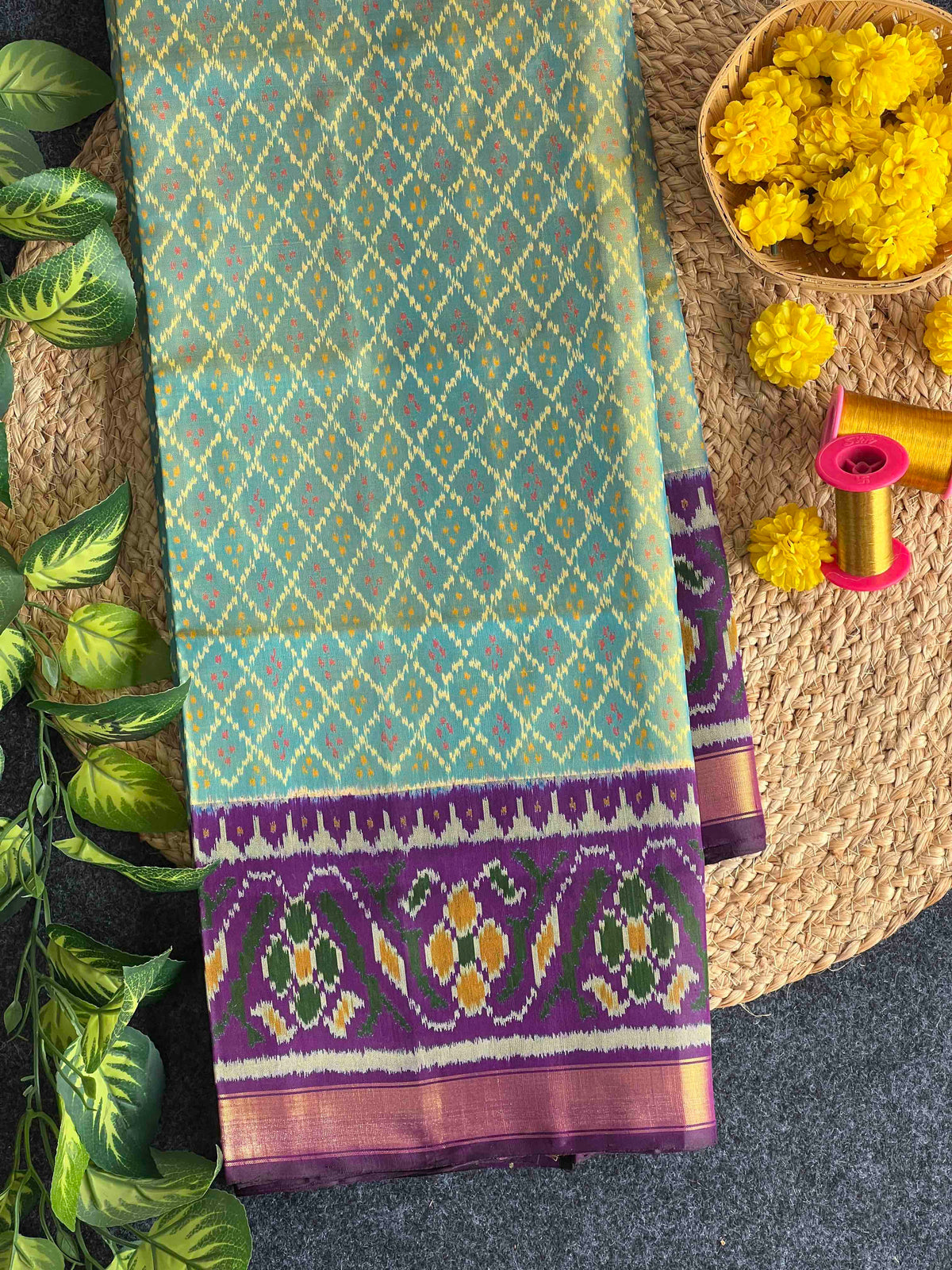 Sky blue with purple combination single ikkat Patola silk Saree