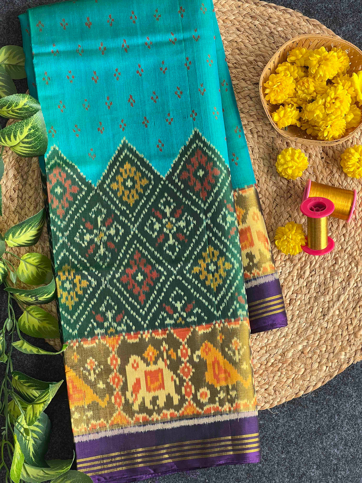 Beautiful Green panchnanda skirt with Blue bordar Pallu Patola silk Saree