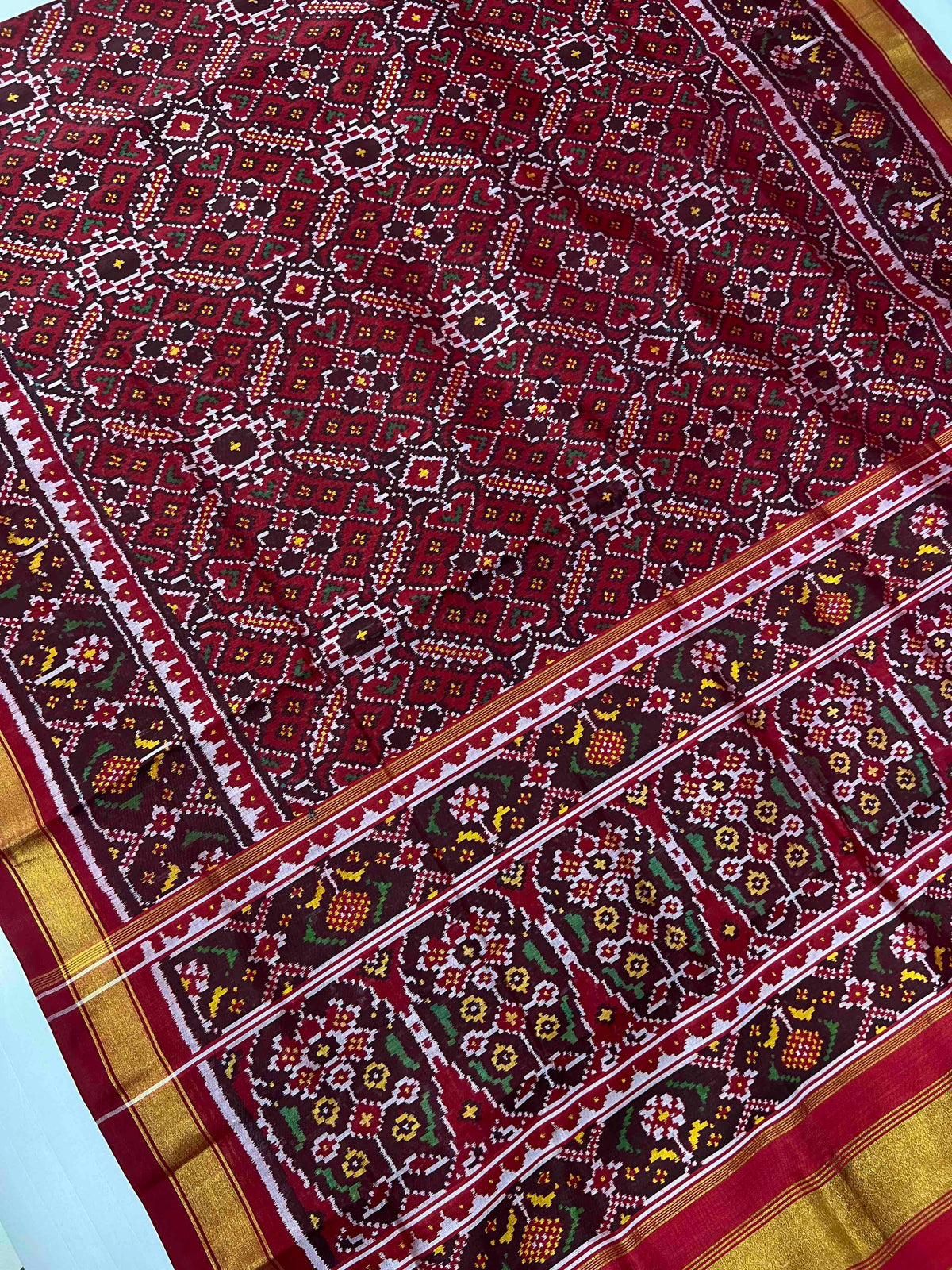 Beautiful Maroon manekchok design single ikkat Patola silk Saree