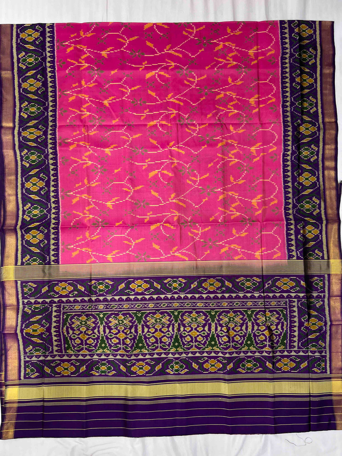 Pink with purple flowers design single ikkat Patola silk Saree
