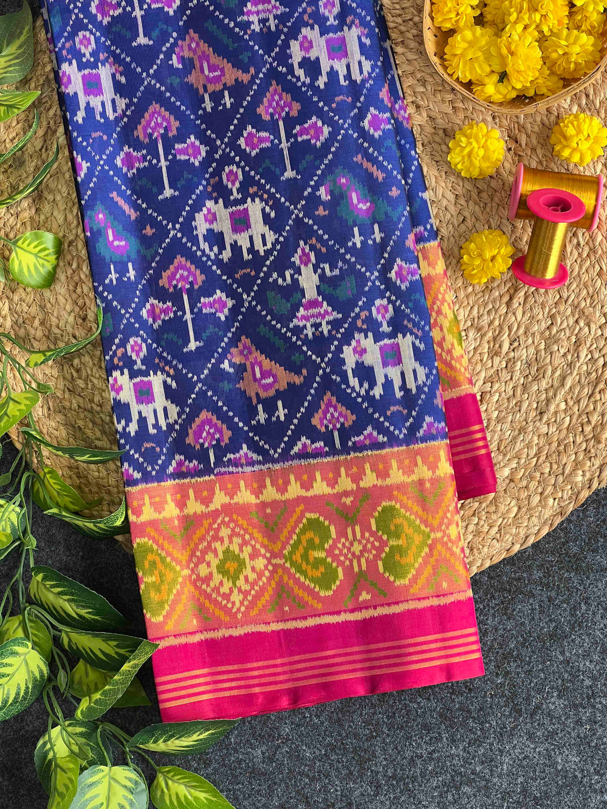Beautiful blue narikunjan design with pink combination single ikkat Patola silk Saree