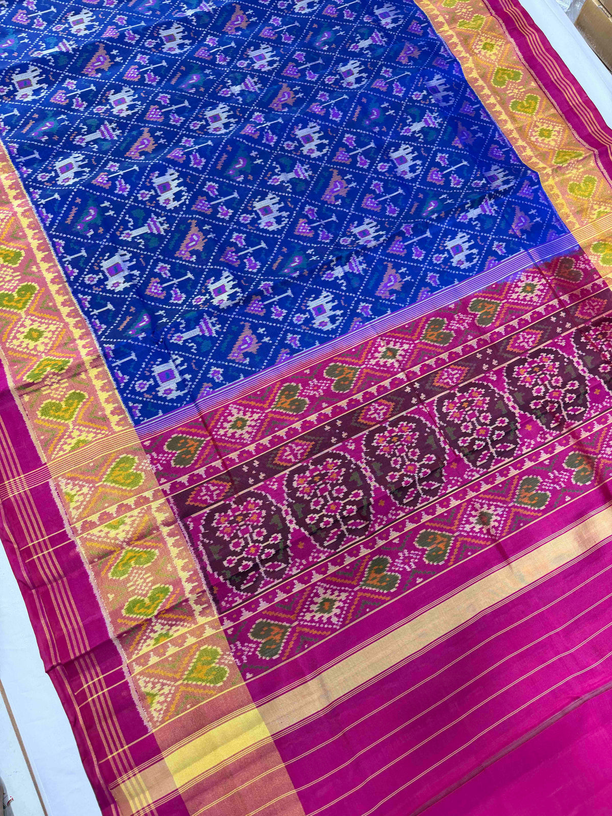 Beautiful blue narikunjan design with pink combination single ikkat Patola silk Saree