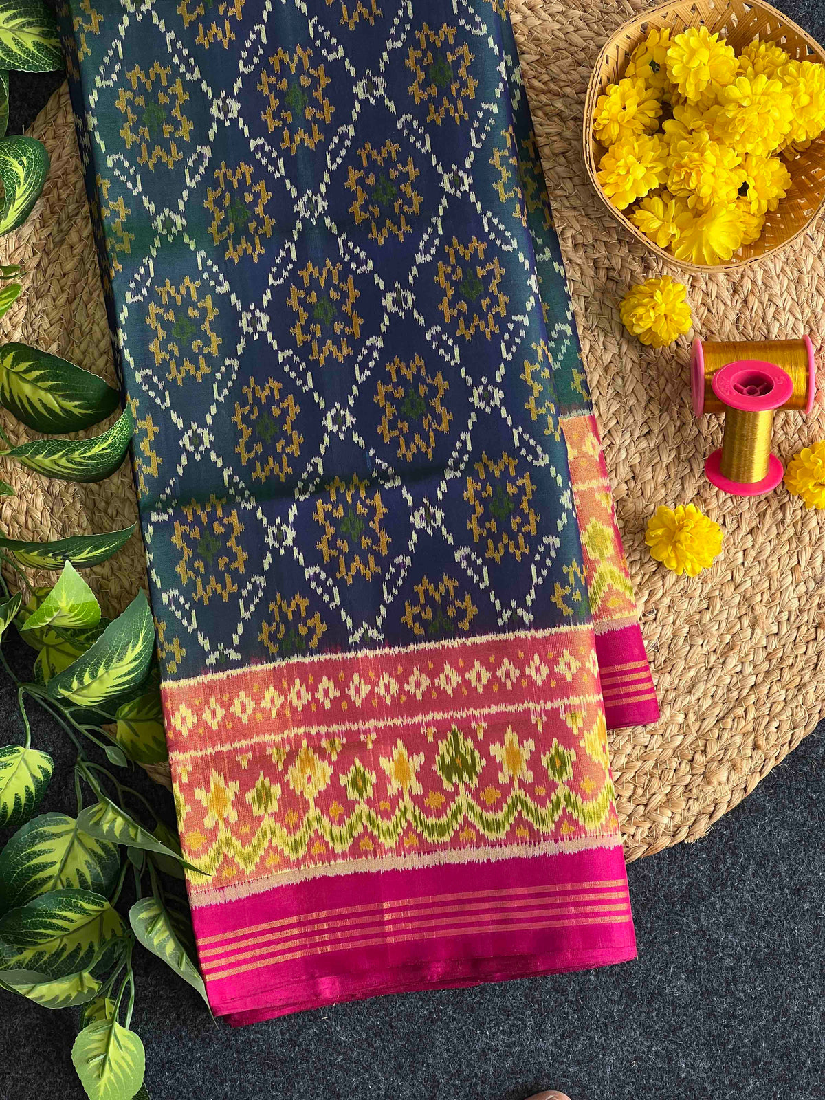 Beautiful Sky blue with pink combination single ikkat Patola saree