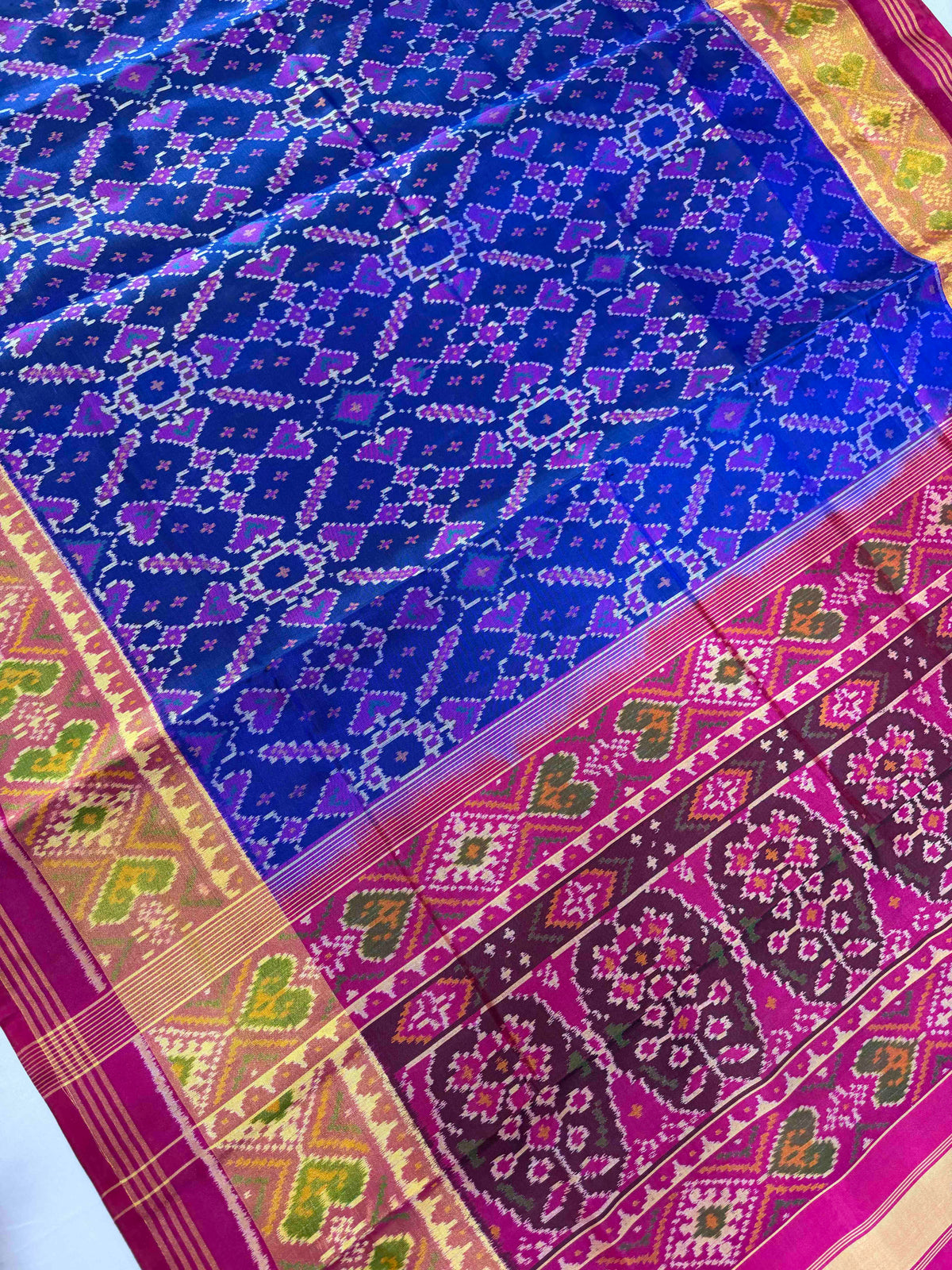 Blue manekchok design with pink combination single ikkat Patola silk Saree