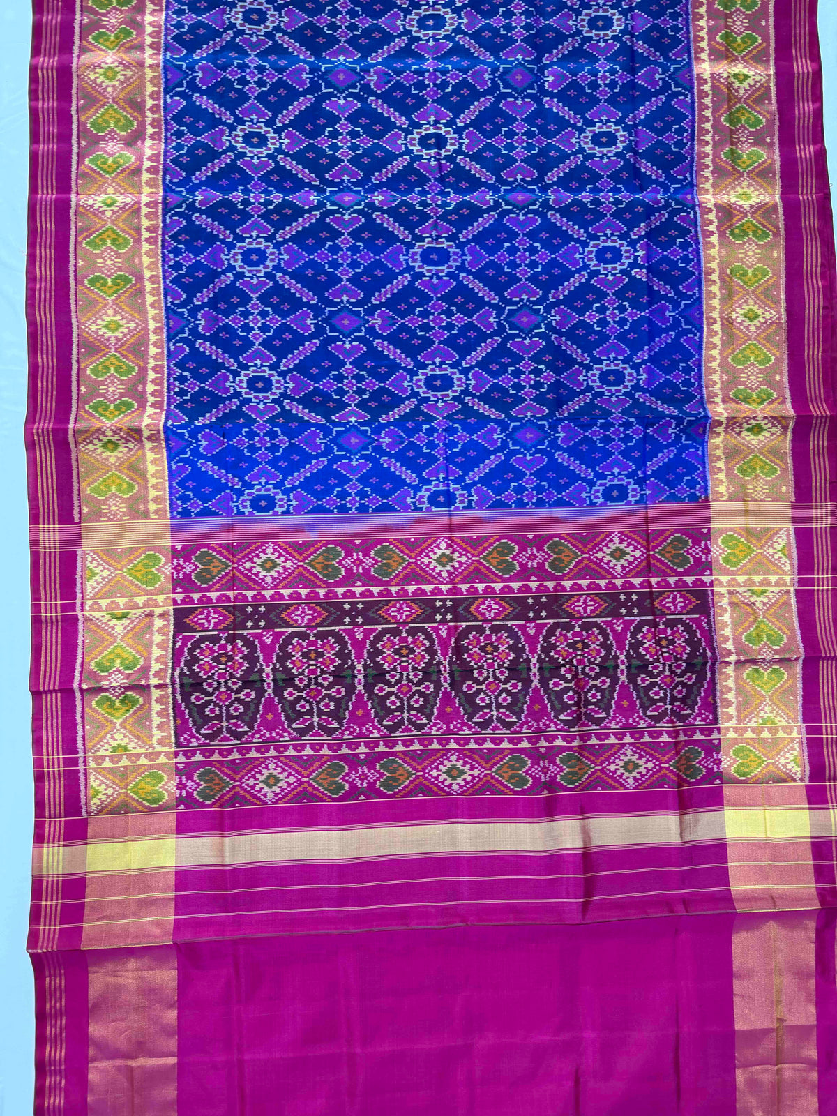 Blue manekchok design with pink combination single ikkat Patola silk Saree