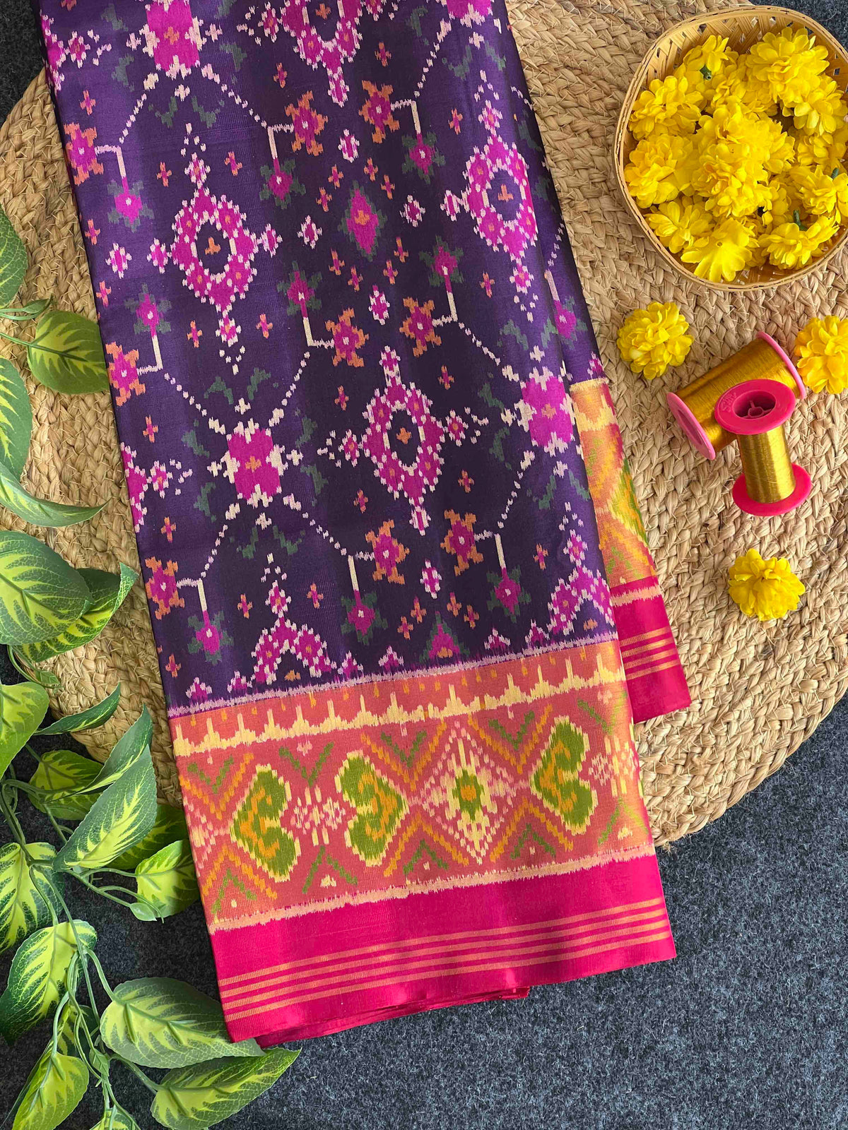 Beautiful blue Navaratan design single ikkat Patola silk Saree