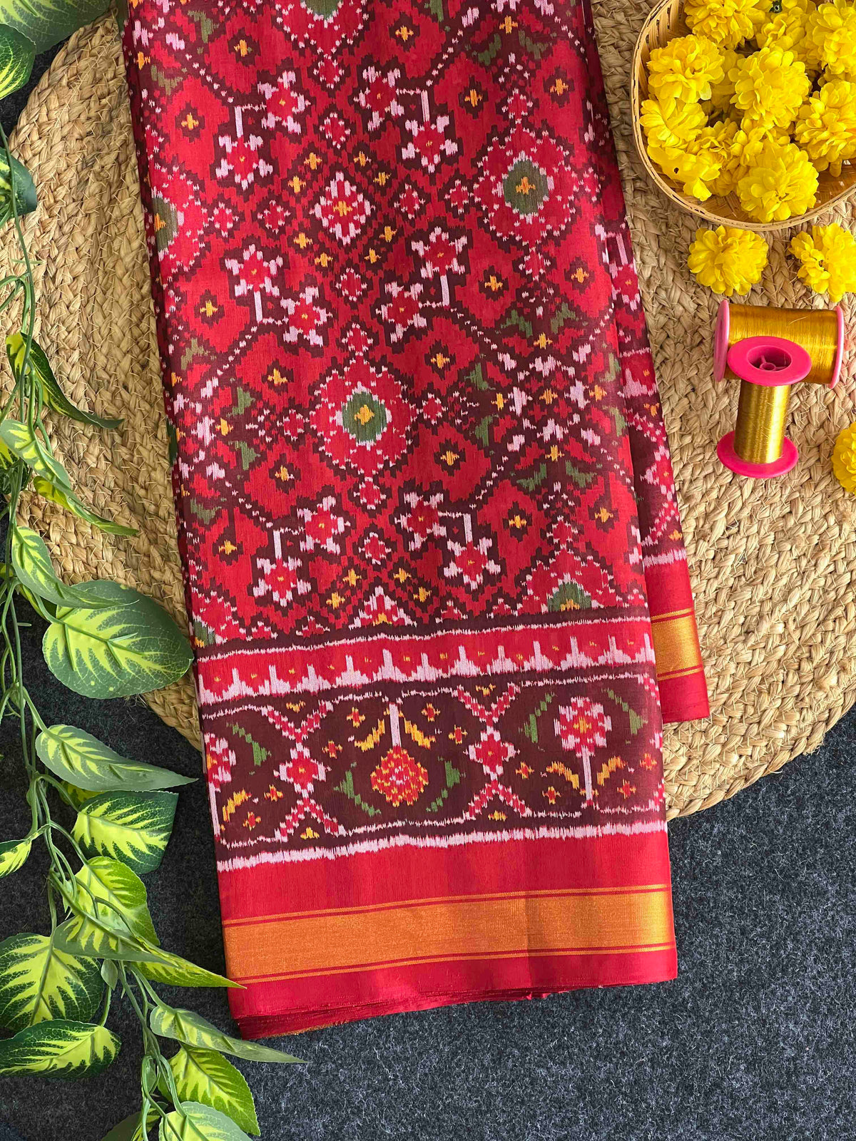Beautiful maroon Navaratan design single ikkat Patola silk Saree