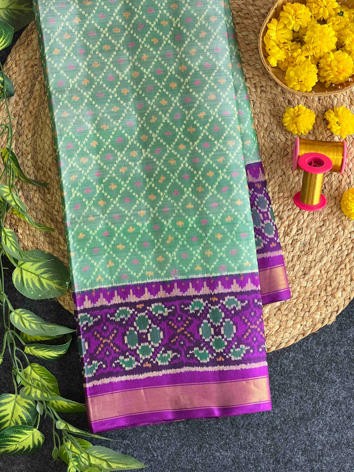 Beautiful pista Green with purple combination Patola silk Saree