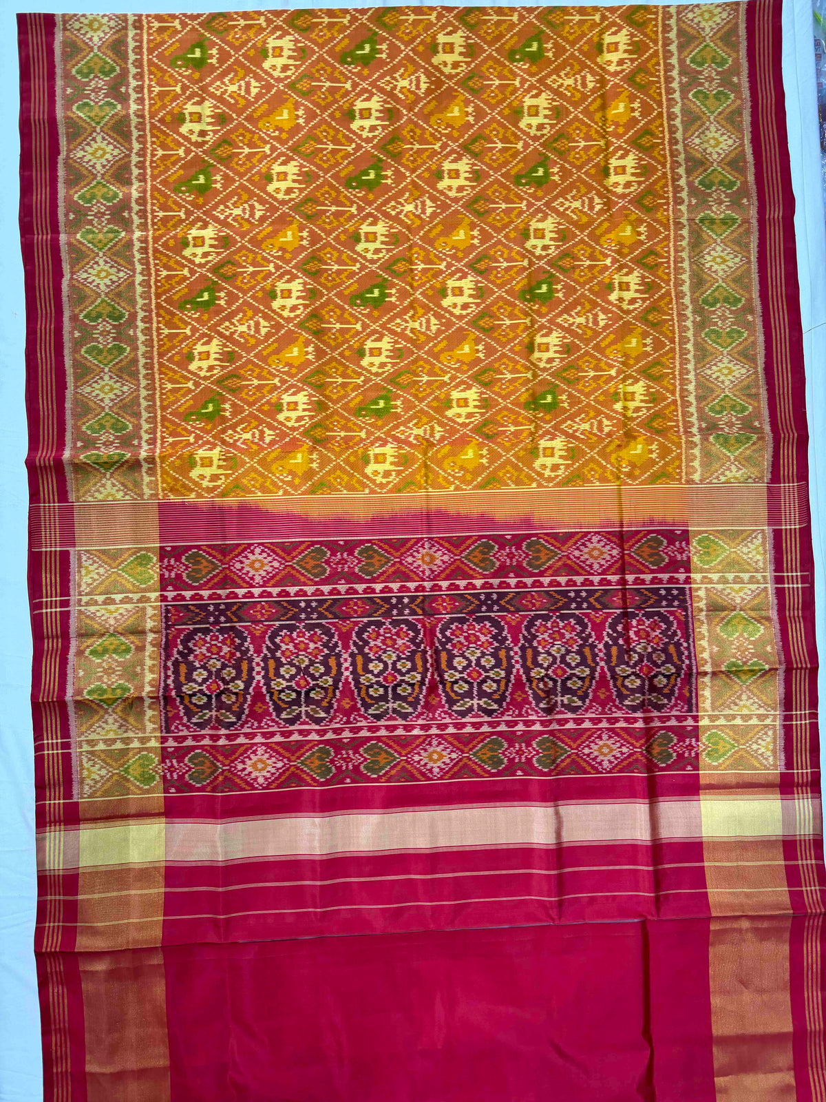 Beautiful yellow with Red narikunjan single ikkat Patola silk Saree