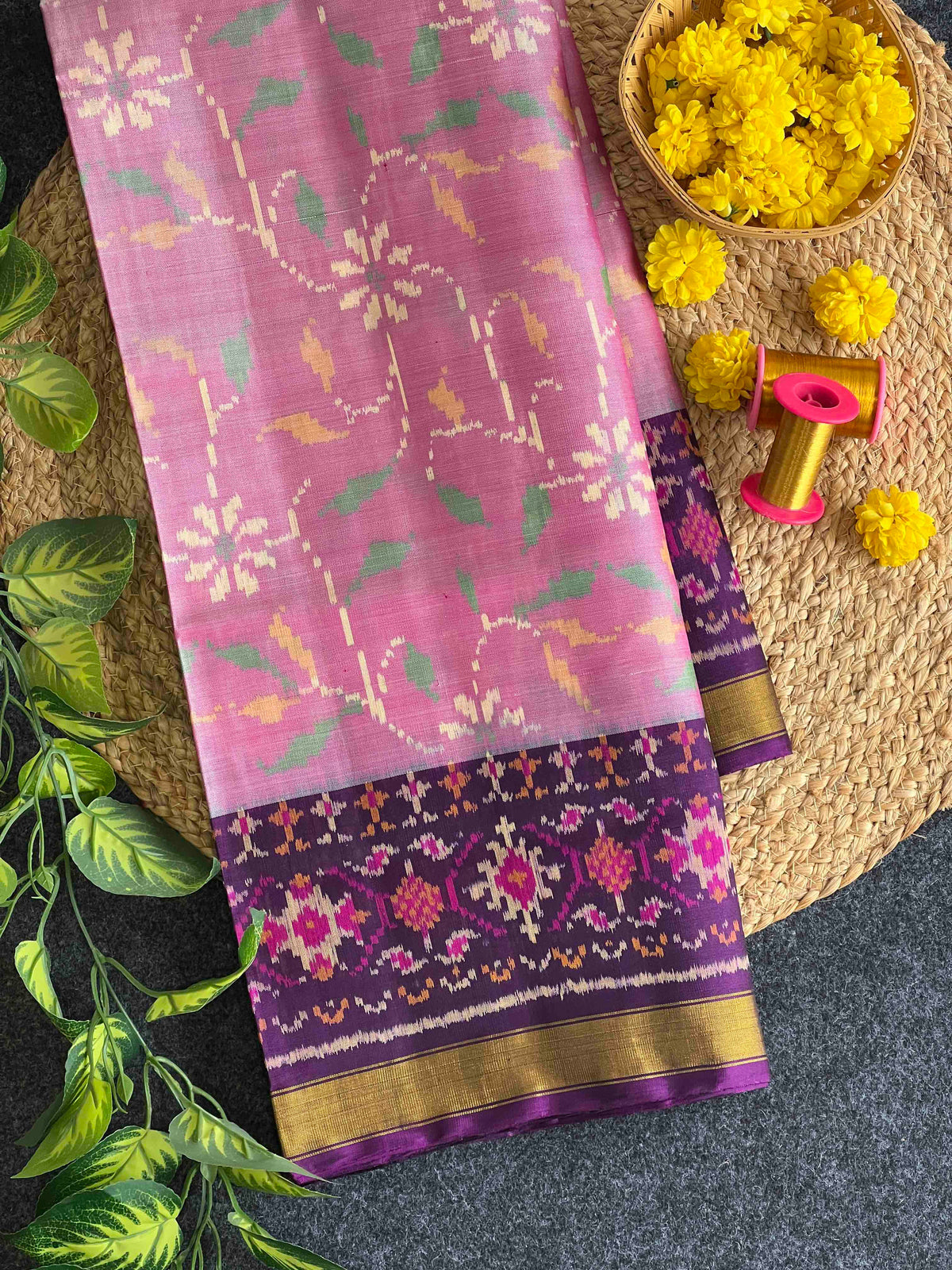 Beautiful baby pink laheriya design single ikkat Patola silk Saree