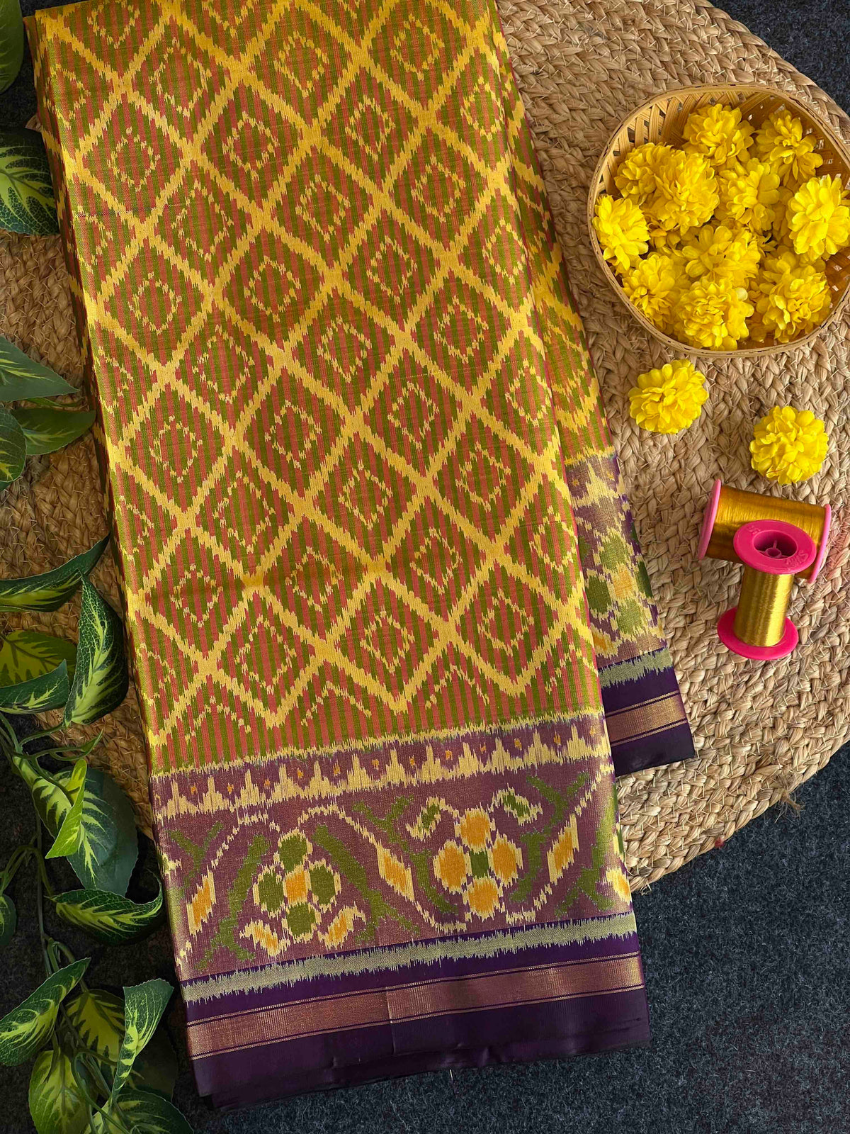 Yellow panchnanda design with purple combination single ikkat Patola silk Saree
