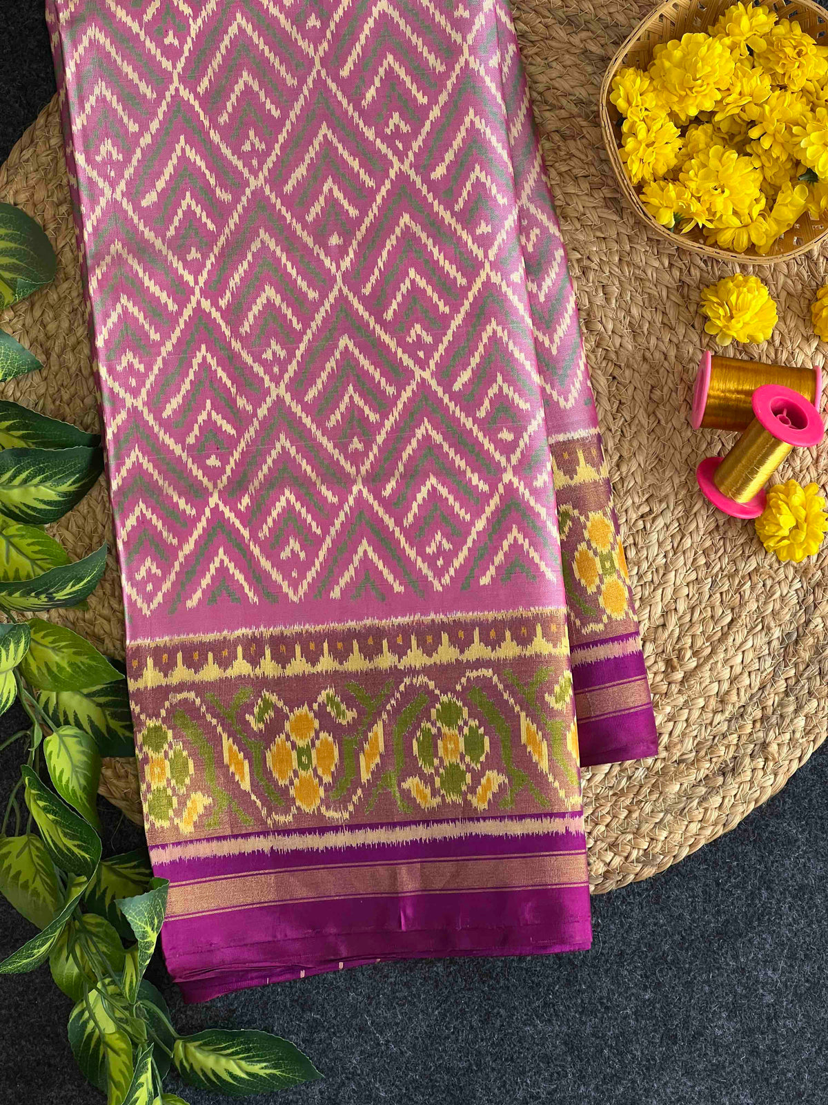 Beautiful baby pink laheriya design single ikkat Patola silk Saree