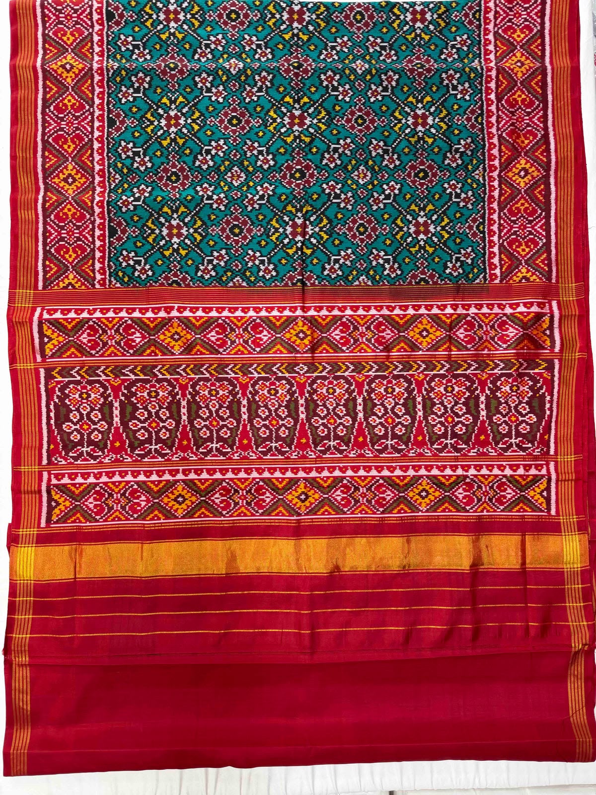 Teal Green & Red Ikat Patola Inspired Woven Saree