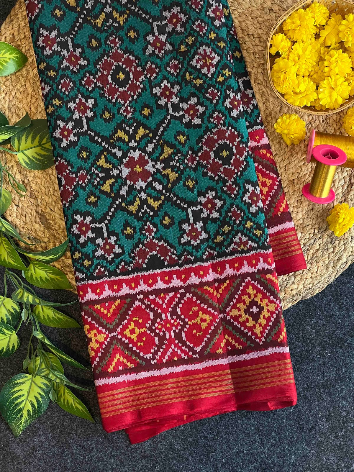 Teal Green & Red Ikat Patola Inspired Woven Saree