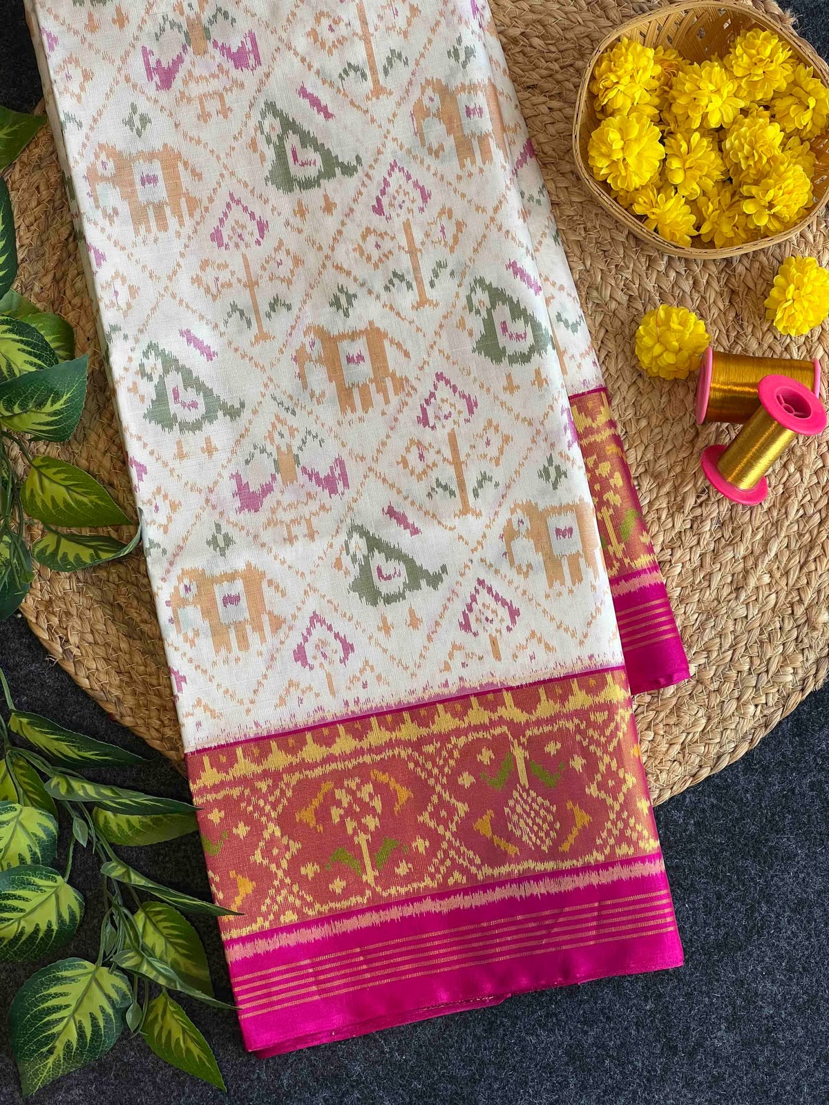 White & Pink Ikat Woven Patola Saree