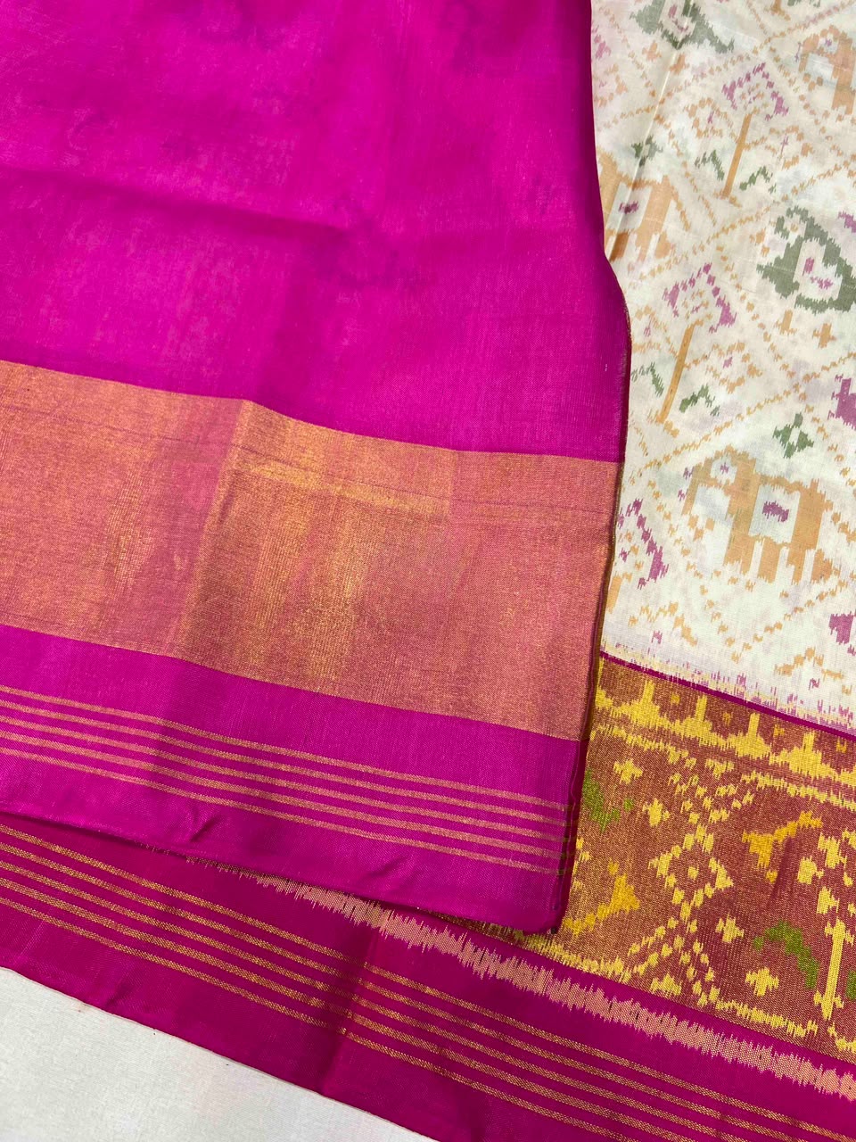 White & Pink Ikat Woven Patola Saree