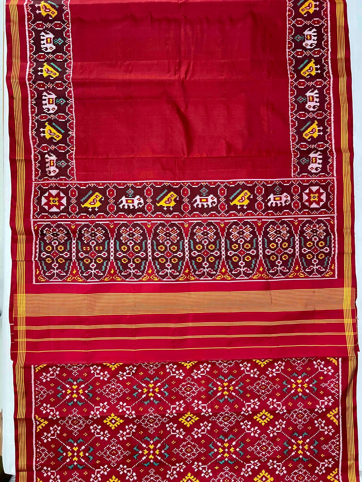 Plain red gala design with flowers Pallu Patola silk Saree