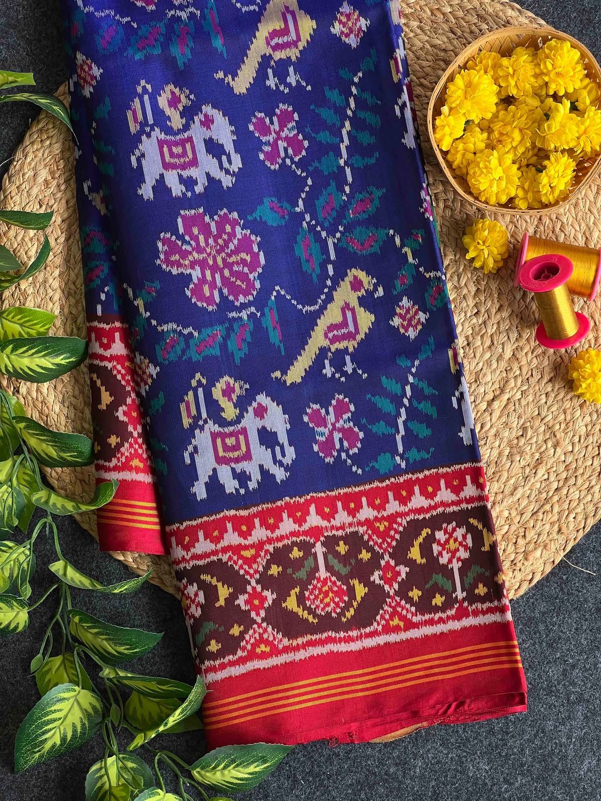 Blue narikunjan design with red Pallu Semi ikkat silk patola saree